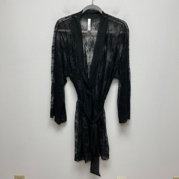 Cacique Womens Black Lace Sheer Long Sleeve Stretch Tie Front Kimono Robe 18/20 - Picture 1 of 10